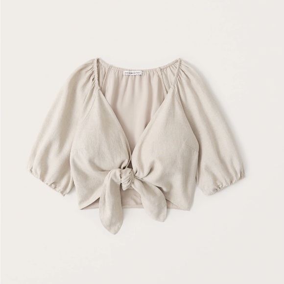 Abercrombie & Fitch Cropped Tie Front Linen Blend Top in Tan S - Picture 3 of 6